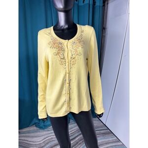 Chadwick's Embellished Cardigan Sweater‎ Womens Yellow Beaded Button Up Classic